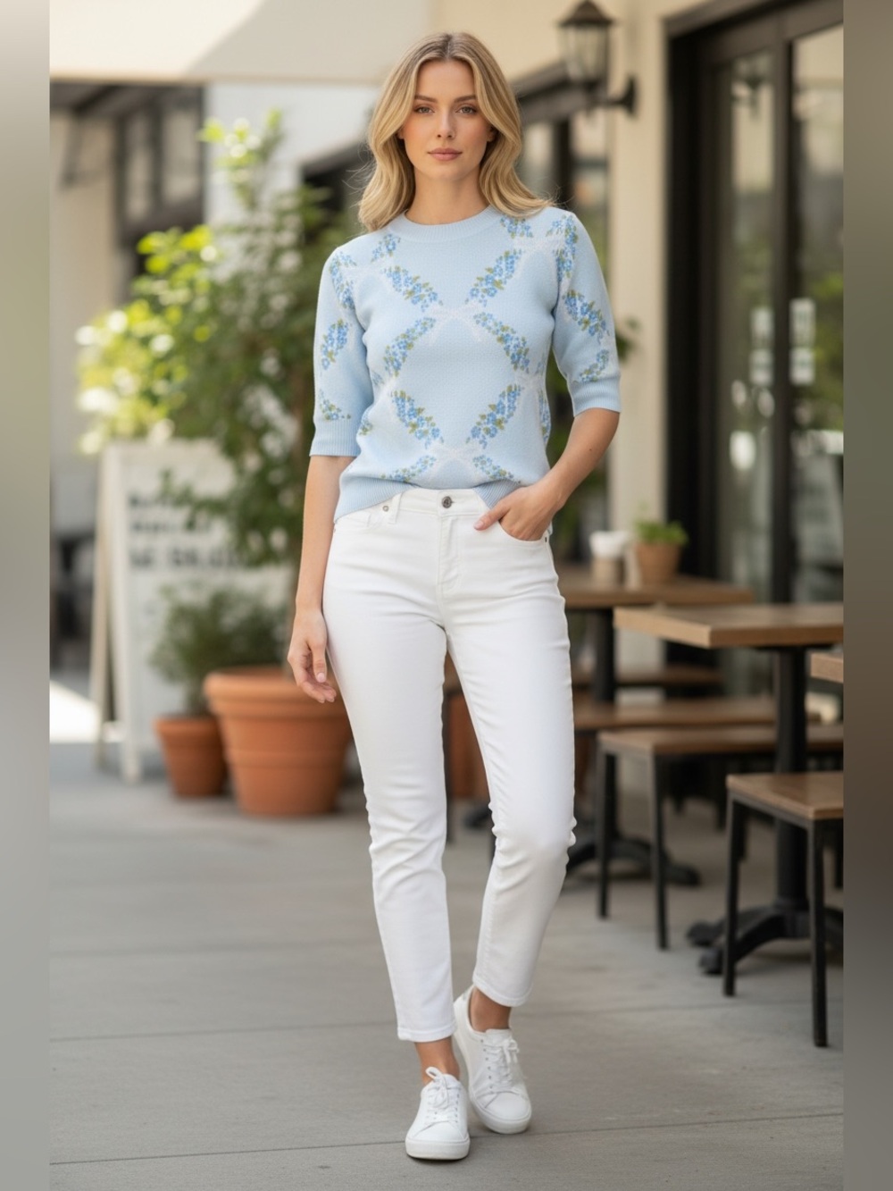 Mainstrip| Blue Floral Knit Jacquard Sweater Top Bow details | NWT| Size Sm-lg